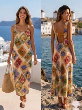 NWT Anthropologie Small Linen Blend Floral Stamp Print Maxi Dress Paper Heart